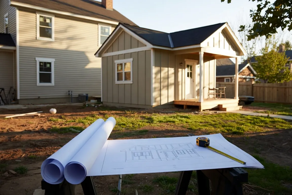 A small modern backyard cottage behind a main house with rolled blueprints on a sawhorse table