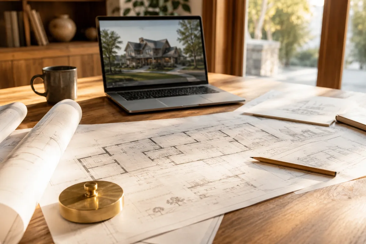 Unrolled house plans and a laptop with a home rendering on a sunlit drafting desk