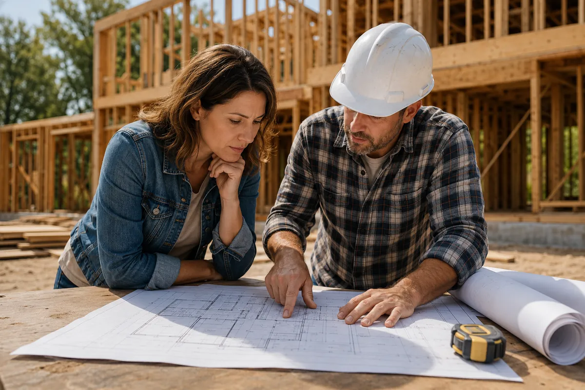 A homeowner and builder review an unrolled house plan at a construction site table