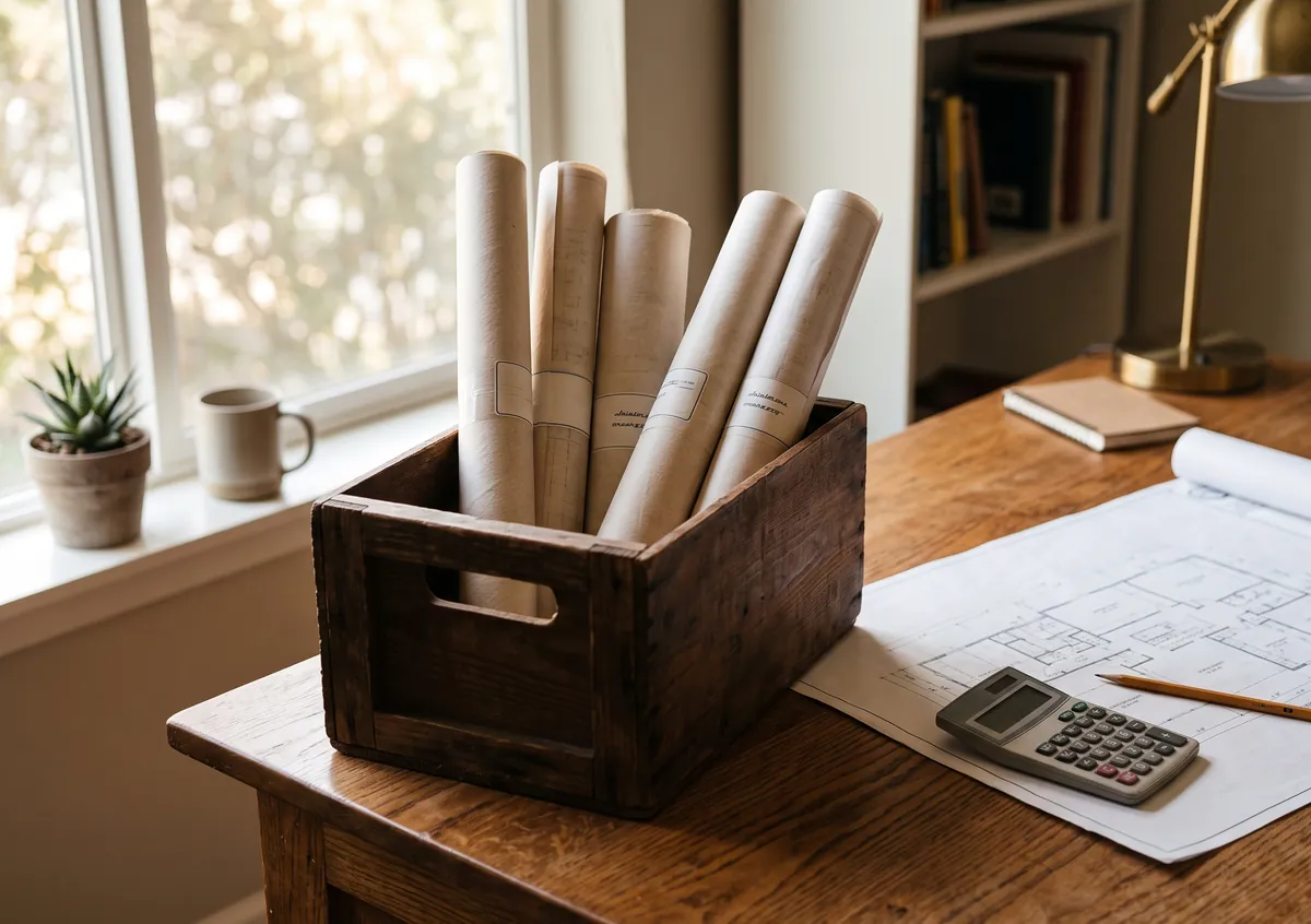 Rolled blueprint tubes beside an unrolled house plan with a calculator on a warm oak desk