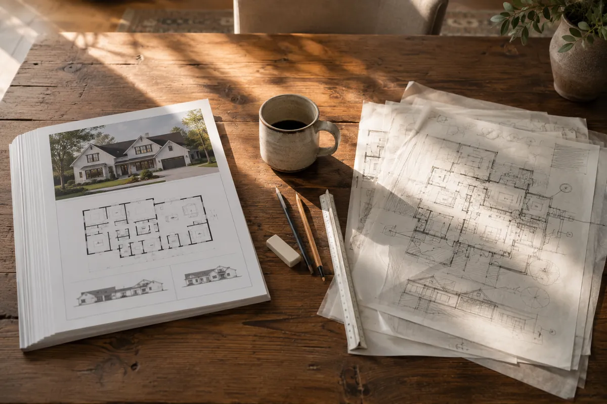 A printed stock house plan set beside a hand-sketched custom floor plan with tracing paper overlays